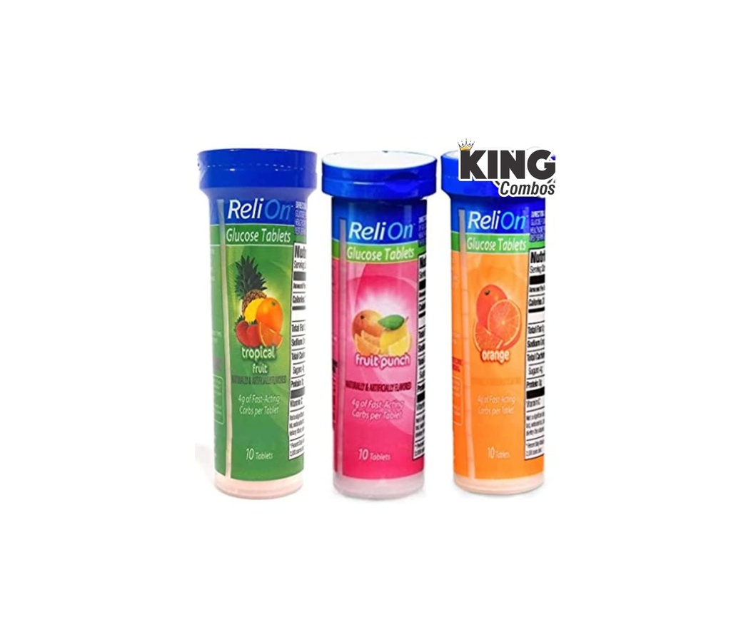 Glucose Tabletten om mee te nemen verpakking met 10 tabletten elk: Oranje, Tropisch, en Fruit Punch + Koning QR Code