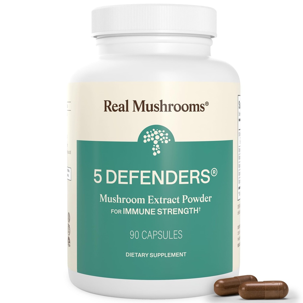 Real Paddestoelen 5 Verdedigers - Adaptogene Paddestoelen Complex met Chaga, Reishi, Turkije staart, Maitake & Shiitake voor Wellness Ondersteuning - Paddestoel Beta Glucon Capsules - 90 Tel.