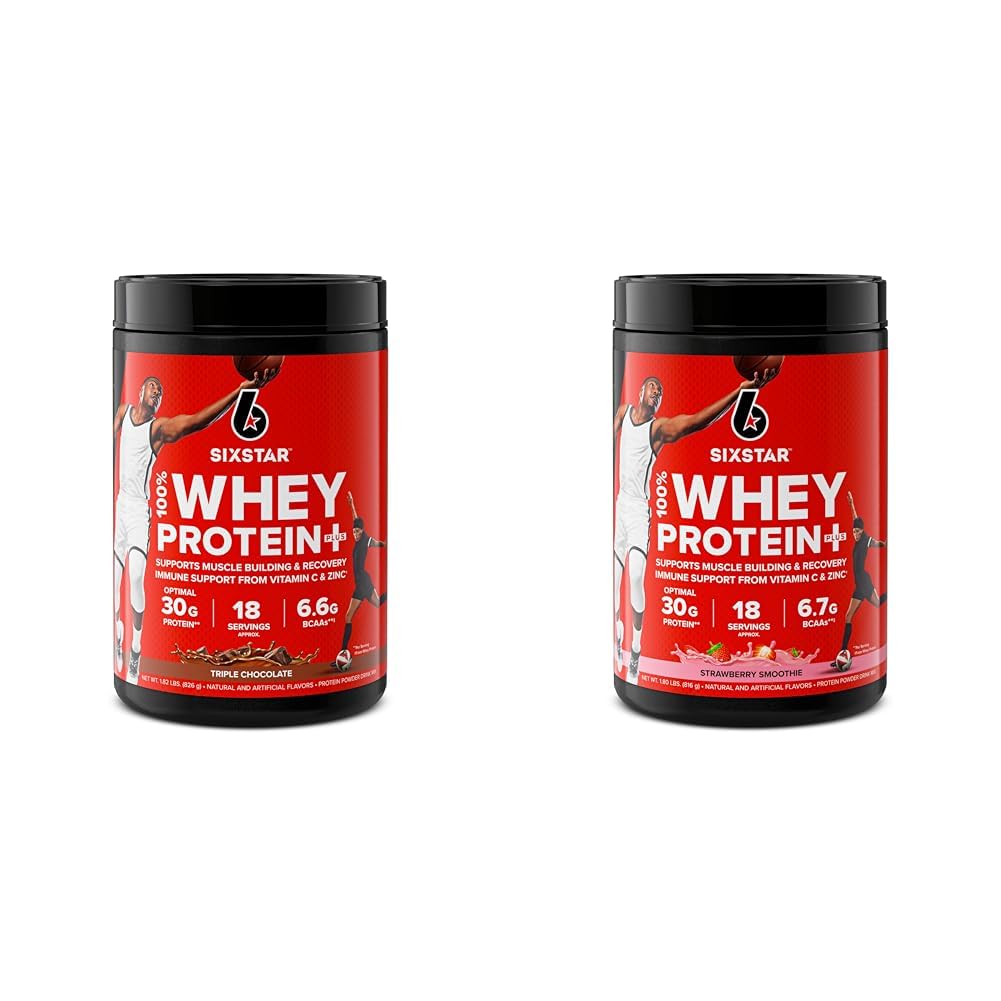 Six Star Elite Series 100% Whey Protein Plus Triple Chocolate 1.8lbs US & Elite Series 100% Whey Protein Plus Aardbei Smoothie 1.8lbs US
