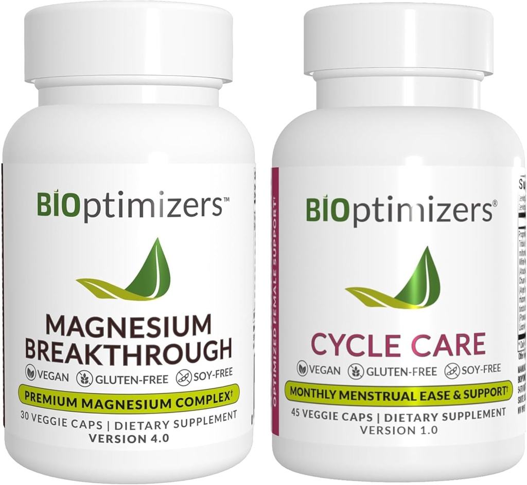 BiOptimizers Magnesium Doorbraak 4,0, (30 capsules) & Cycle Care, (45 capsules) - Natuurlijke Slaap, Hersenen en Menstruele Hulp Ondersteuning Supplement Bundle