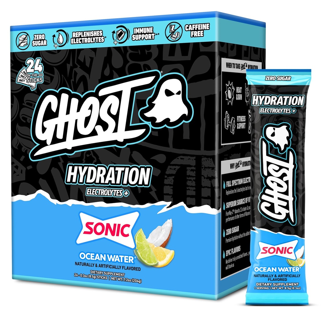 GHOST Hydration Packets, Sonic Ocean Water, 24 Sticks, Electrolyte Powder - Drink Mix Supplement met Magnesium, Kalium, Calcium, Vitamine C - Veganistisch, vrij van soja, Suiker & Gluten