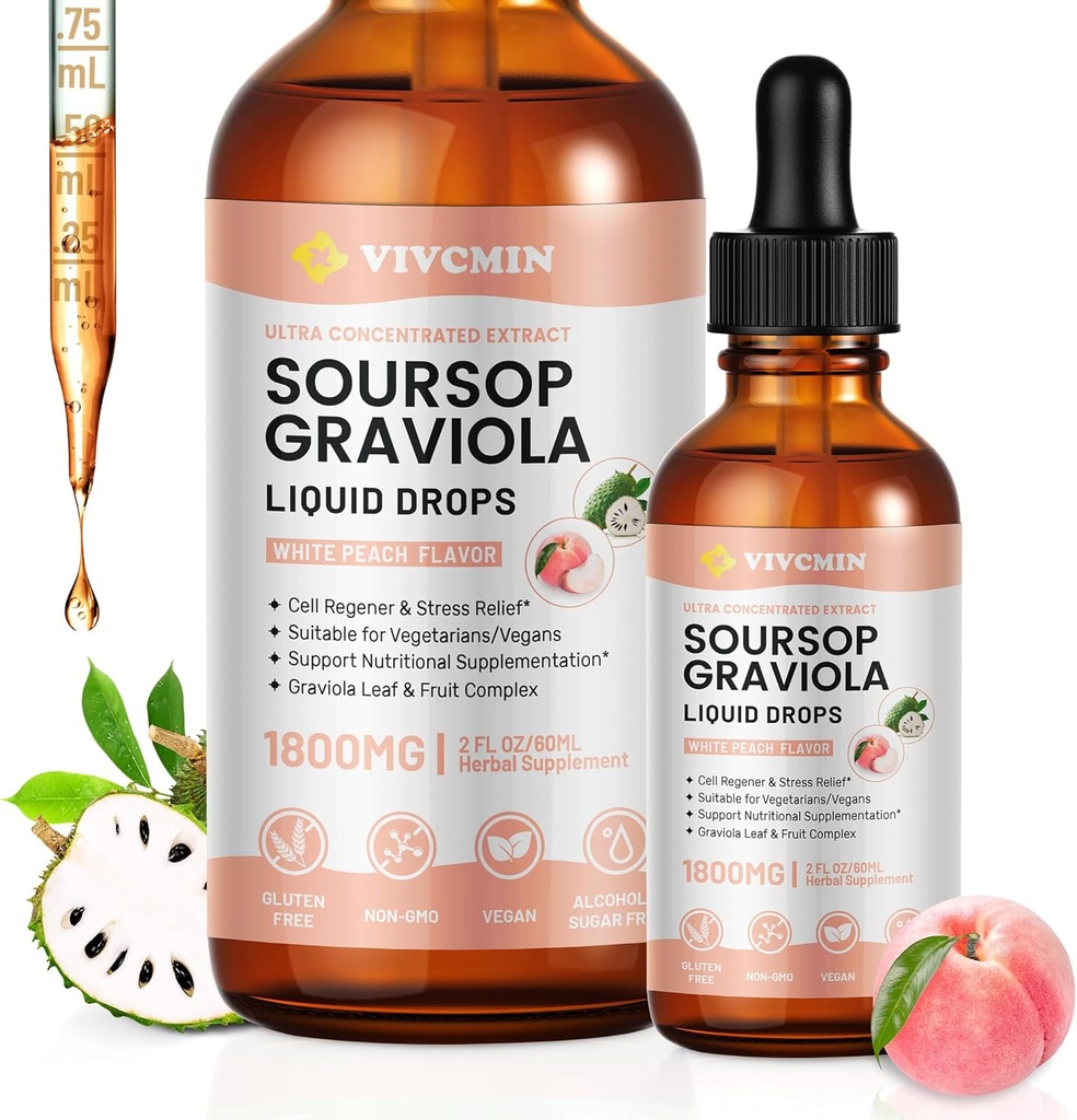 Graviola Soursop Leaf Extract Liquid - Soursop Bitters Liquid, Ondersteuning Immune, Relax, Lever en Slaap, Suiker & Alcoholvrij, Zeer Absorbeerbare Formule, White Peach Flavor, 2 Fl Oz