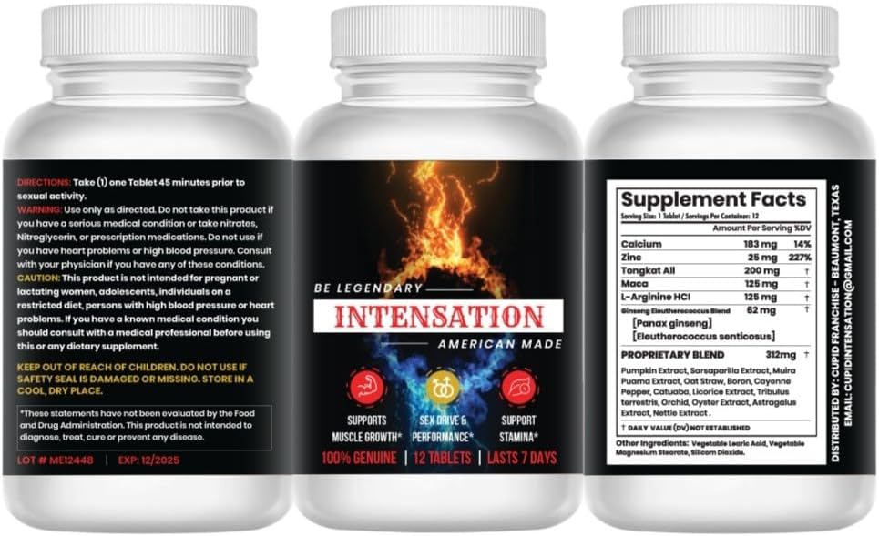 INTENSATIE - Mannelijke Supplement - Alle natuurlijke uithoudingsvermogen ondersteuning - Laatste langere - Verhoog grootte, kracht en uithoudingsvermogen - Verbeter energieniveau - Optimaliseren vitaliteit - 12 tabletten