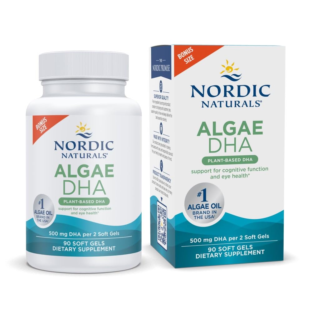 Nordic Naturals Algen DHA - 90 Zachte Gels - 500 mg Omega-3 DHA - Certified Vegan Algen Oil - Plant-based DHA - Brain, Eye & Nervous System Support - Non-GMO - 45 Servers