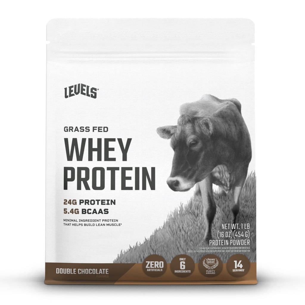 Niveaus Gras Fed Wei Proteïne Poeder, Geen Kunststoffen, 24G eiwit, dubbele chocolade, 1LB