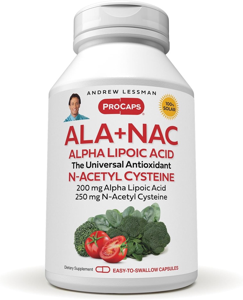 ANDREW LESSMAN ALA + NAC Alpha Lipoïnezuur met N-Acetyl-Cysteine 180 capsules - Ultra-High Potency, Anti-Oxidant Ondersteuning voor zenuwstelsel, hart, hersenen, lever, nieren, longen, energie. Geen additieven