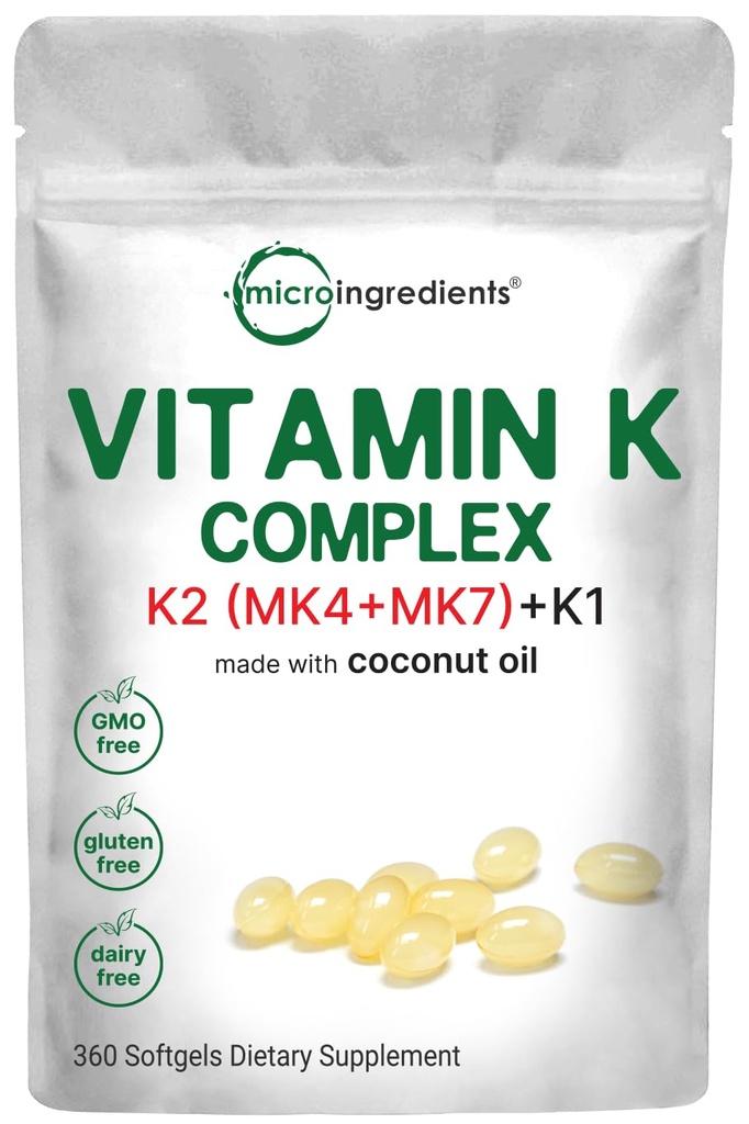 Super Vitamin K Complex (K2 MK7 + MK4 & K1), 360 Kokosolie Softgles Gemakkelijk geabsorbeerde K Vitaminen, Actieve Menachinon Complex