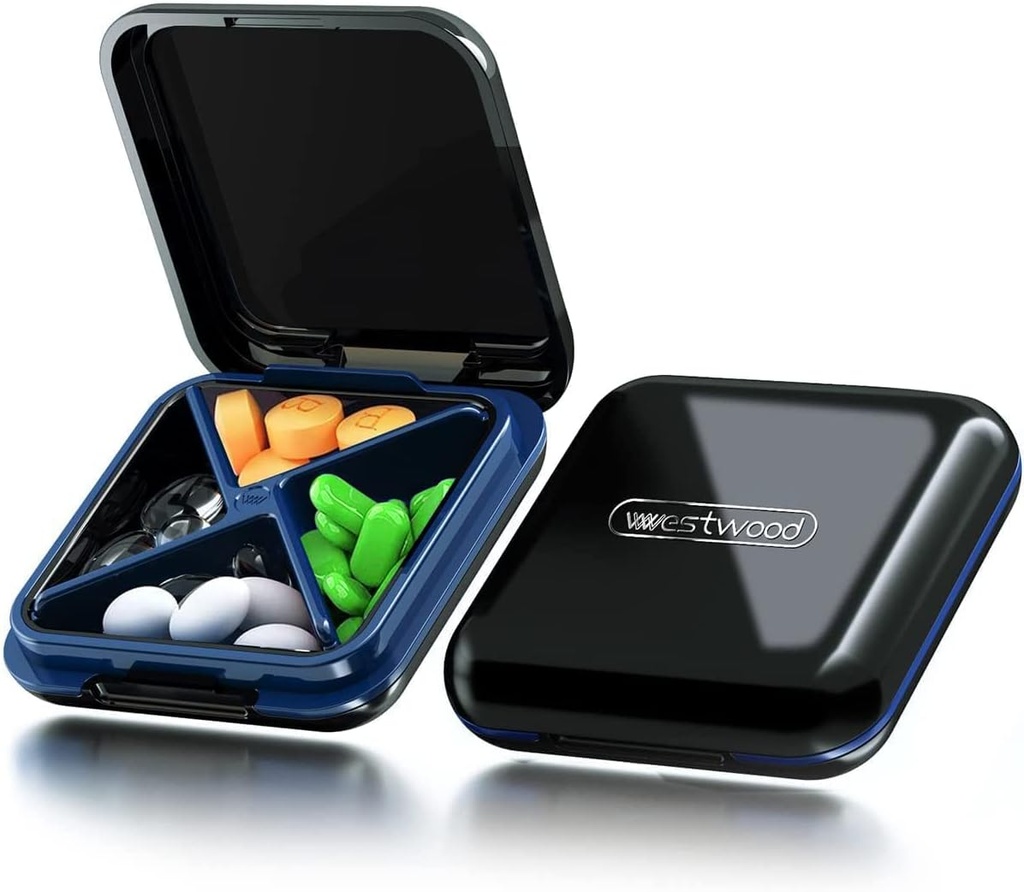Zwarte 4-Compartiment waterdichte pil Box Organisator - Travel Portable Medicine Box, BPA gratis pil Container voor vitamines, visolie, supplementen