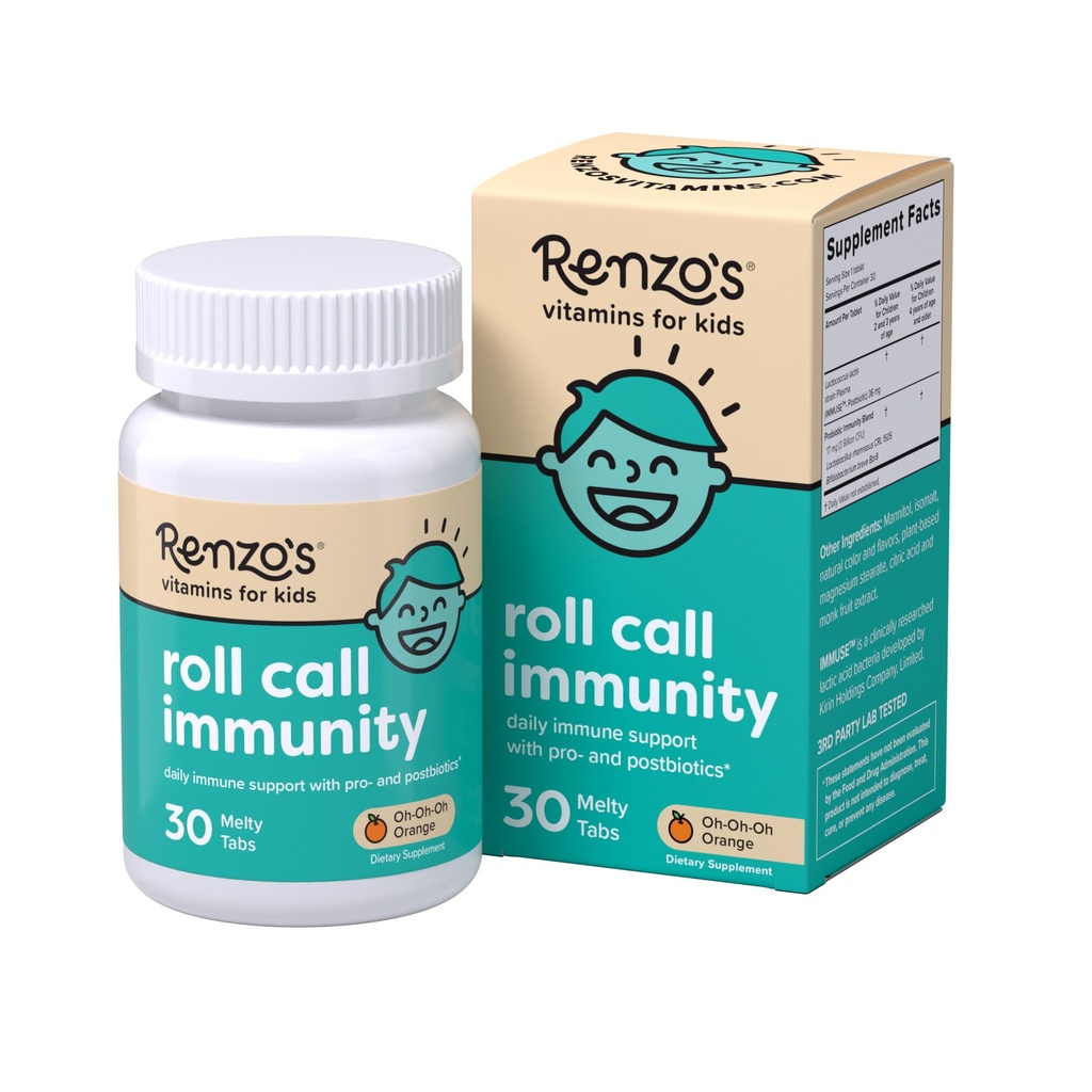 Renzo's Roll Call Immuniteit - Oplosbare Kinderen Immuun Ondersteuning Supplement met IMMUSE Postbiotic, Sugar-Free Kids Vitaminen, 30 Orange-Flavored Melty Tabs