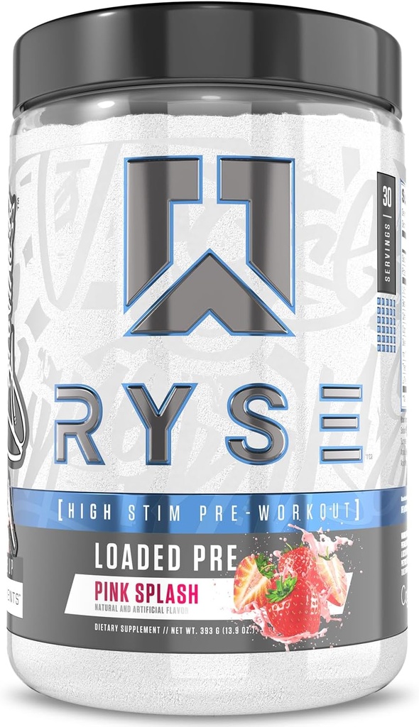 RYSE geladen pre-workout poeder - roze splash - dagelijkse pre-workout voor mannen en vrouwen met 390 mg cafeïne, Beta Alanine en Citrulline voor pomp, focus en energie - 30 porties