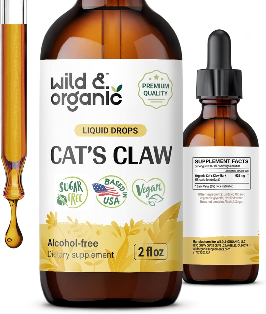 Wild & Organic Cats Claw Tinctuur - Immune Support Supplement - Liquid Cats Claw Supplement - Vegan, Sugar & Alcoholvrije Bark Extract Drops - 2 fl oz