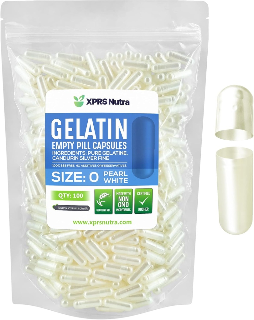 XPRS Nutra Maat 0 Lege capsules - 500 Telle Lege Gelatine Capsules - Pillen DIY Capsule Vulling - Pure Bovine Pill Gel Caps for Do-It-Yourself Supplements (Pearl White)