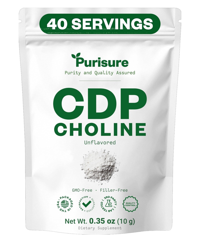 Purisure CDP Choline Powder, 10g, CDP Choline Supplements That Support Attention, Focus, and Energy, Citicoline Powder for Cognitive Function, Increases Motivation and Productivity, 40 Servings