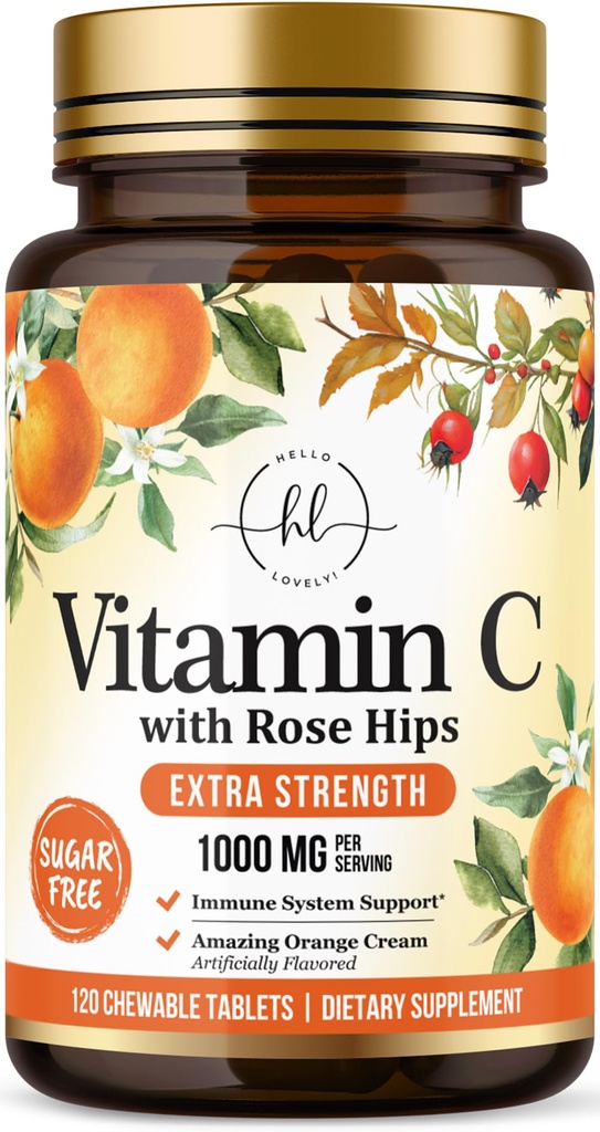 Vitamine C Supplement 1000mg - Extra sterkte met Rose Hips Bioflavonoïden - Suikervrij Vitamine C Kauwbare Pillen, Natuur Vit C voor Immune Ondersteuning & Antioxidant Protection - 120 Kauwtabletten