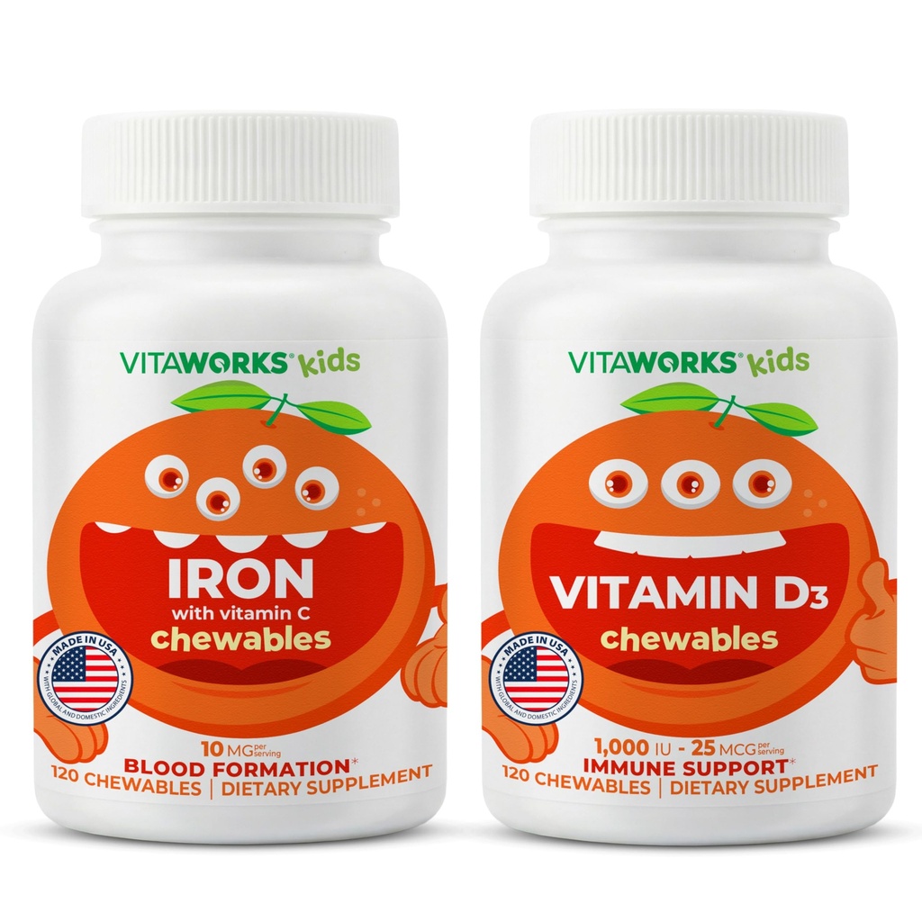 Kinderen IJzer 10mg + Vitamine C Kauwtabletten + Vitamine D3 1000 IE Kauwtabletten Bundel