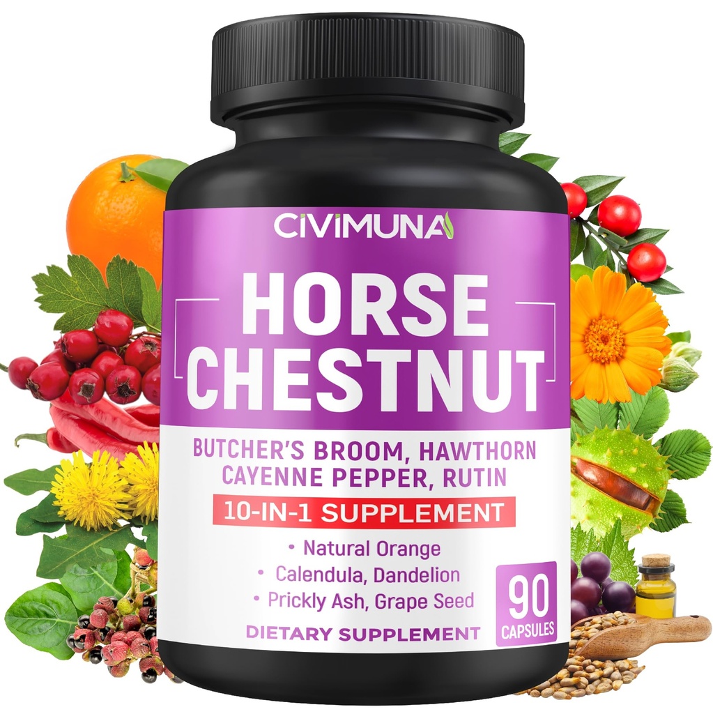 Horse Chestnut Capsules met Horse Chestnut, Butcher's Broom Root, Cayenne Pepper en meer - 90 Capsules voor 3 maanden Supply