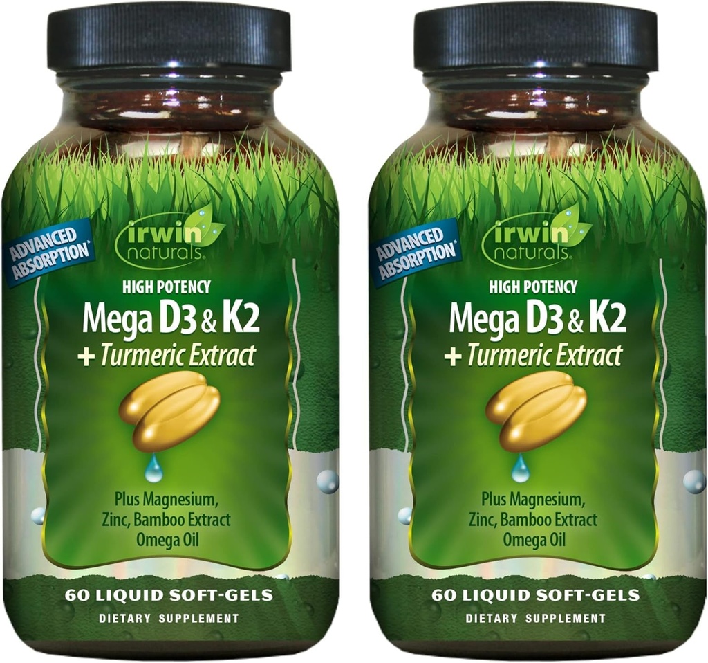 Irwin Naturals High Potency Mega D3 & K2 + Kurkuma Extract voor gezonde botten, immuunfunctie en positieve stemming - geavanceerde absorptie met Magnesium, Kurkuma, Bamboe en Omega Oil - 60 vloeibare softgels