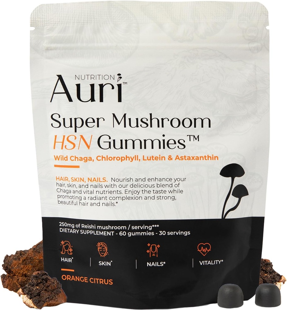 Auri Super Mushroom HSN Gummies - Hair Skin and Nails Gummies Functional Paddestoelen Supplement - met Wild Chaga, Chlorofyl, Lutein en Astaxanthine - 60 Orange Citrus Gummies