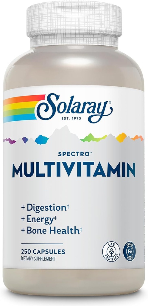 SOLARAY Spectro Multivitamine, Iron Free - Multi Vitamine w/Calcium, Magnesium, Energizing Greens, Digestive Enzymes - Digestie, Cellular Energy, Bone Health, Immune Support, 41 Servings, 250 Capsules