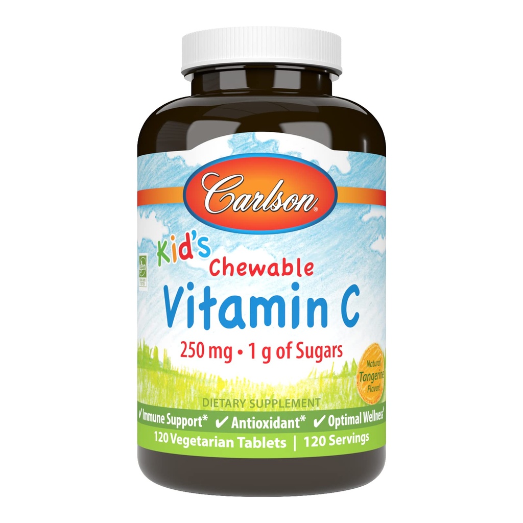 Carlson - Kauwbare vitamine C voor kinderen, 250 mg, 1 g suiker, Immune Support & Optimale Wellness, Antioxidant, Tangerine, 120 Vegetarische tabletten