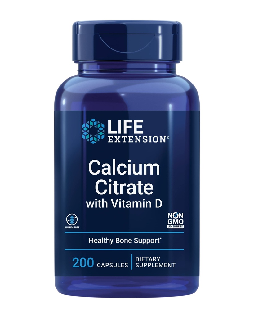 Life Extension Calcium citraat met vitamine D, Super-absorbeerbare Calcium ter ondersteuning van optimale botgezondheid, Glutenvrije, Non-GMO, 200 capsules
