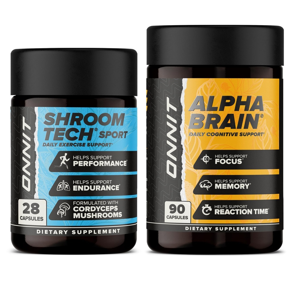 ONNIT Premium Alpha Brain Bundle - Nootrope Brain Supplement (90 telling) voor Focus, Concentratie & Geheugen + Shroom Tech Sport voor Oefening, Energie & Cardiovasculaire Prestaties (28 telling)
