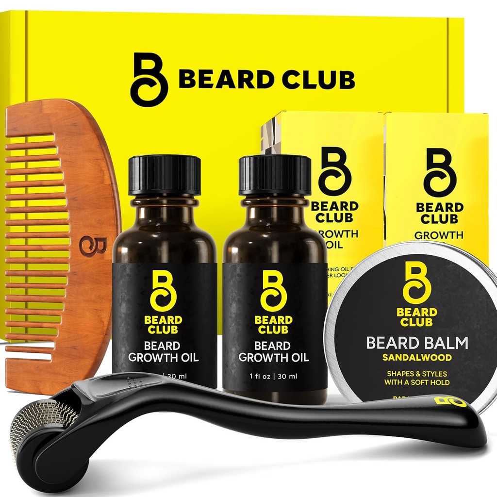 The Baard Club Enhanced Baard Groei Kit - Derma Roller, Baard Groei Olie (2PK), Sandalwood Baard Balm, Comb - Gift Set