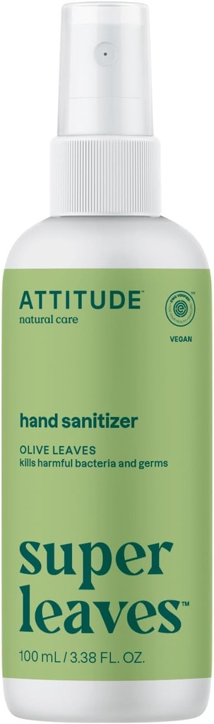 ATTITUDE Hand Sanitair Spray, EWG Geverifieerd, doodt Germs & Bacteria, Vegan & Plant-Based, veilig voor volwassenen en kinderen, Olive Bladeren Geur, 3,38 Fl Oz (Spray Bottle)