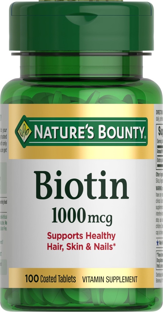 Nature's Bounty Biotin, Supports Metabolism for Energy and Healthy Hair, Skin, and Nails, 1000 mcg, 100 Tablets