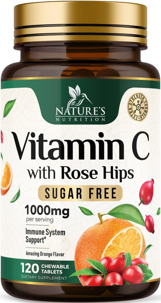 Vitamine C Kauwbaar 1000mg - Extra sterkte Antioxidanten voor krachtige Immune Support w/Vitamine C & Rose HIPS - Potent Dietary VIT C Kauwen supplement, Natuurlijke Oranje smaak, Veganist, Non-GMO - 120 tabletten