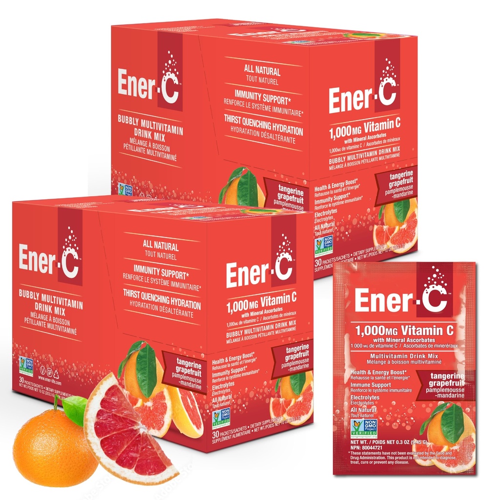 Ener-C Tangerine & Grapefruit Multivitamine Drinkmix, 1000mg Vitamine C, Non-GMO, Veganistisch, Real Fruit Juice Powders, Natuurlijke Immunity Support, Elektrolyten, Glutenvrij, 2-packs van 30 (60 Tellen)