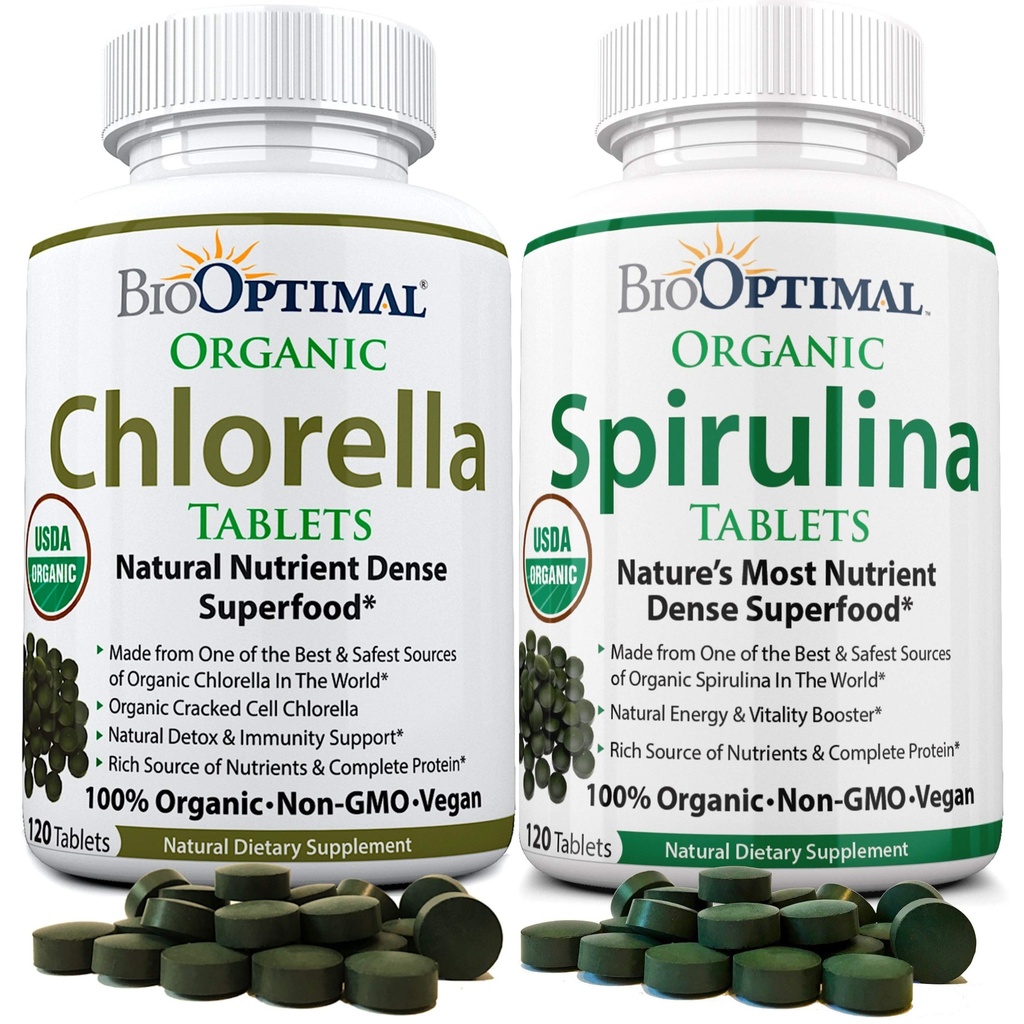 BioOptimal Chlorella Spirulina - Bundel - Biologische Chorra tabletten & Organische Spirulina tabletten, 120 Tellen Elk, Premium Kwaliteit 4 Biologische Certificaten
