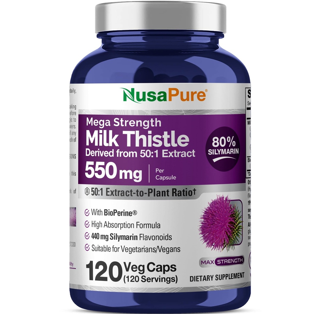 NusaPure Milk Thistle 50:1 Extract, 550 mg Equivalent aan 27.500mg 120 Veggie Capsules Non-GMO, Vegan Max Strength - Gestandaardiseerd 80% Silymarin, Bioperine