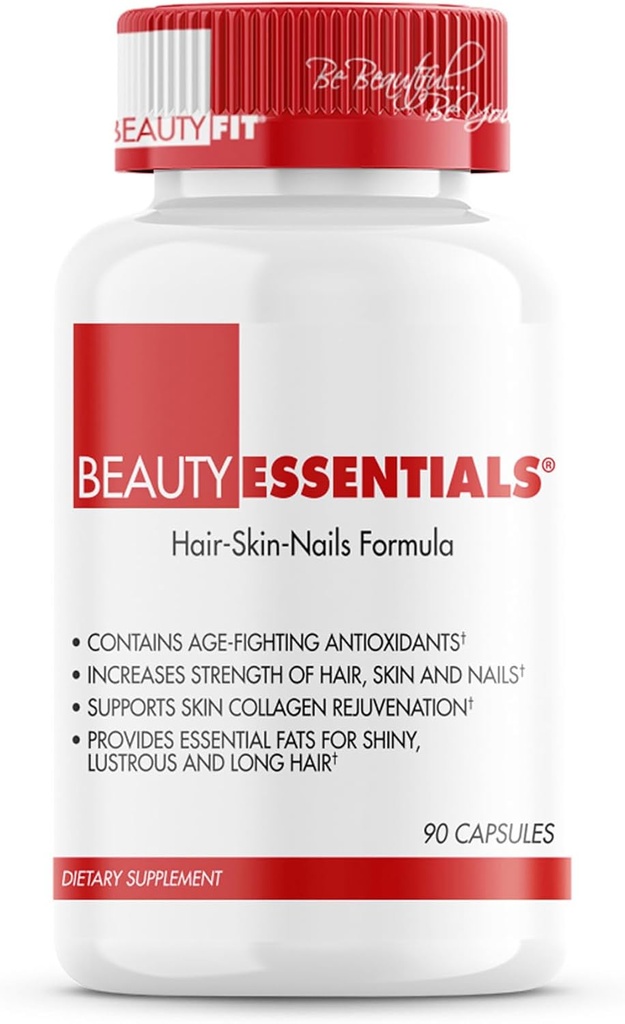 Schoonheid Fit BeautyEssentials Hair-Skin-Nails Formula Capsules - Geformuleerd met vitamines en antioxidanten - Verhoogt de sterkte van het haar, huid, nagels - Biedt Biotine, Zink, Hyaluronzuur - 90 Tel.