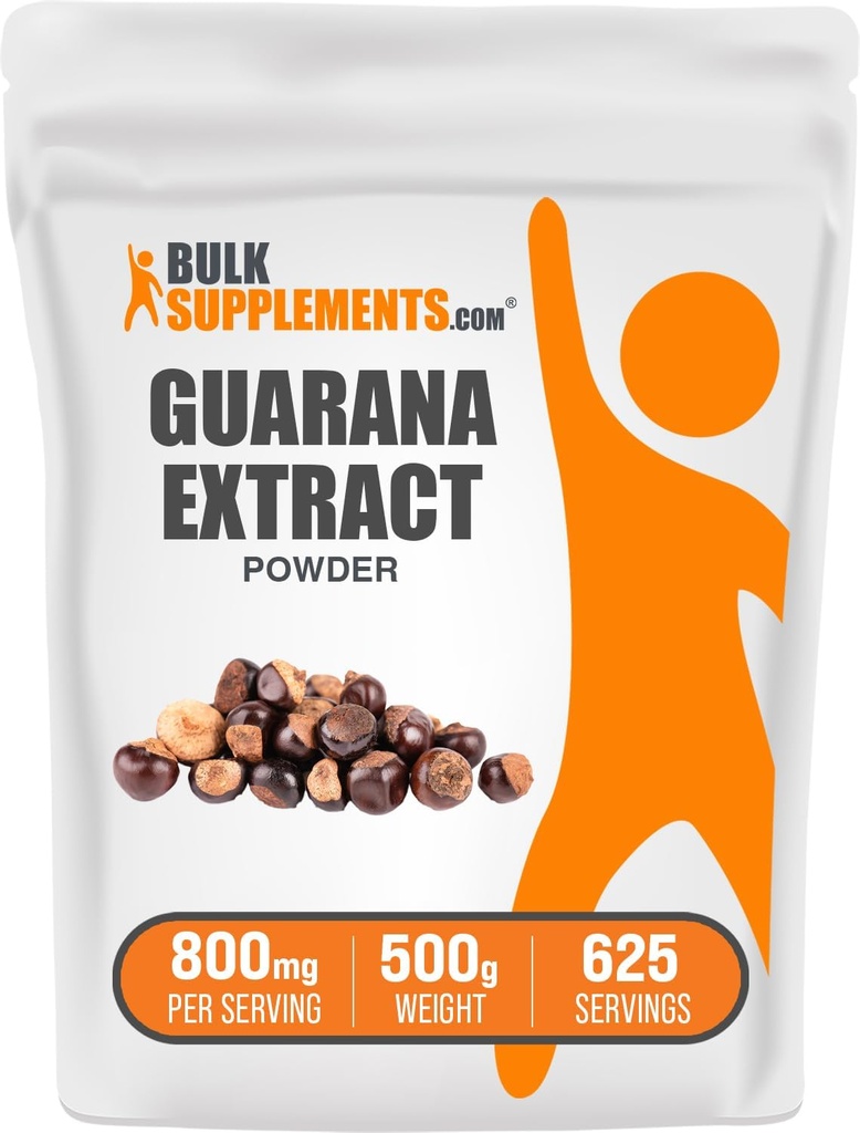 BulkSupplements.com Guarana Extract Powder - Natural Cafeïne Supplement, uit Guarana Seed, Guarana Powder - Glutenvrij, 800mg per portie, 500g (1.1 lbs) (pakket van 1)