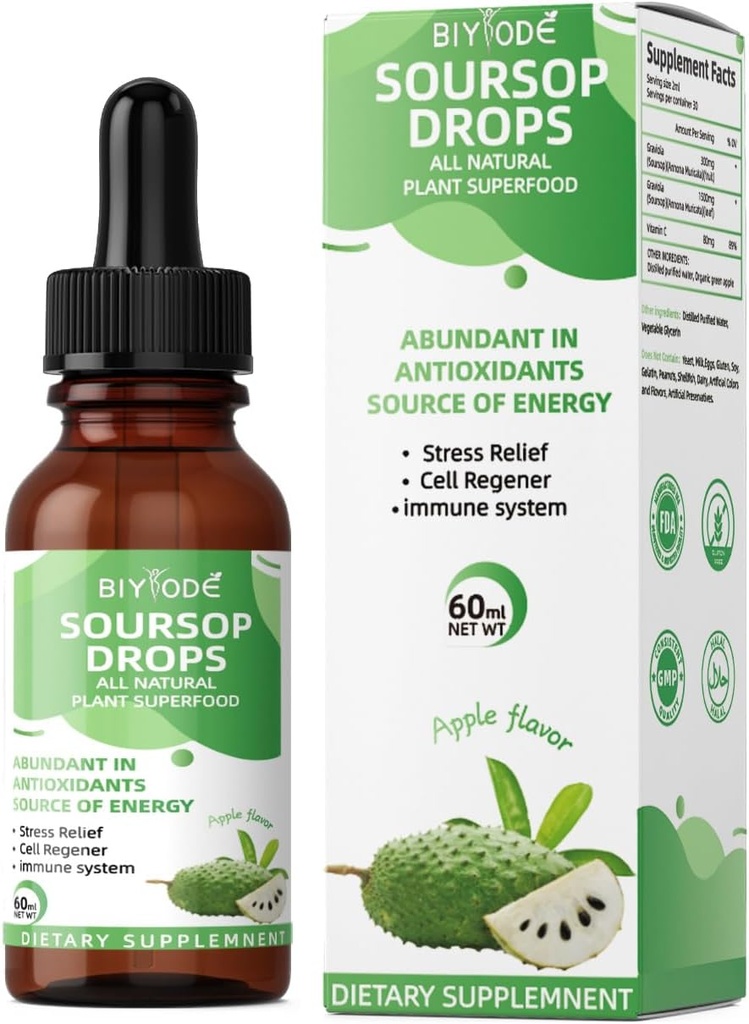 Soursop Graviola Liquid Drops with Sea Moss & Vlierberry for Cell Support, Immunity, Liver Health, and Slaap Aid - Organic, Sugar/Gluten Free, Natural Flavor, 2 Fl Oz