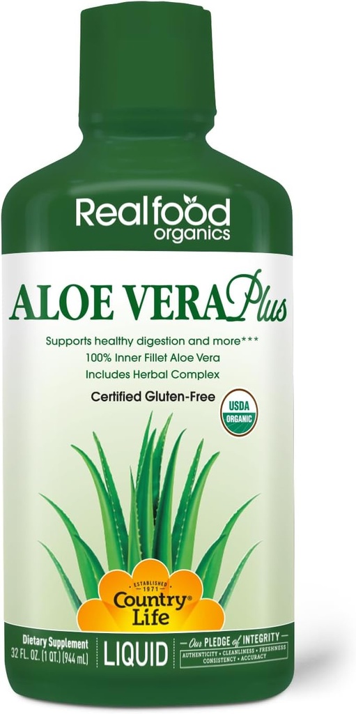 Country Life Realfood Organics Liquid Aloë Vera Plus - Ondersteunt Digestief Gezondheid & Immune System - met Slippery Elm, Gember, Kurkuma, Pepermunt - Biologische ACTIValoe, Qmatrix Proces - 32 oz