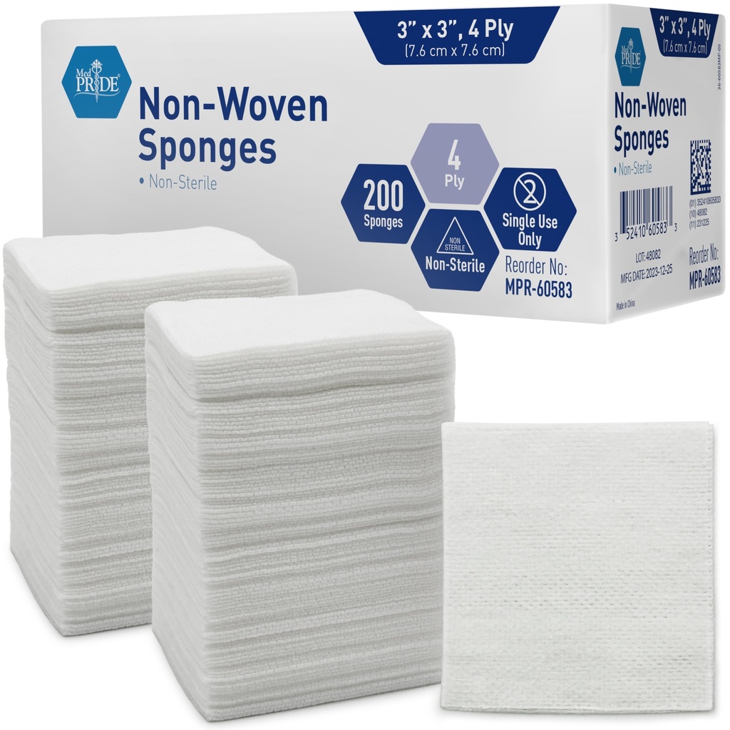 MED PRIDE 3x3 in Gauze Pads 200 Pack, Nonsterile, 4 Ply, Nonadherent Mesh Bandages, Absorberende Wond Care Dressing Sponges