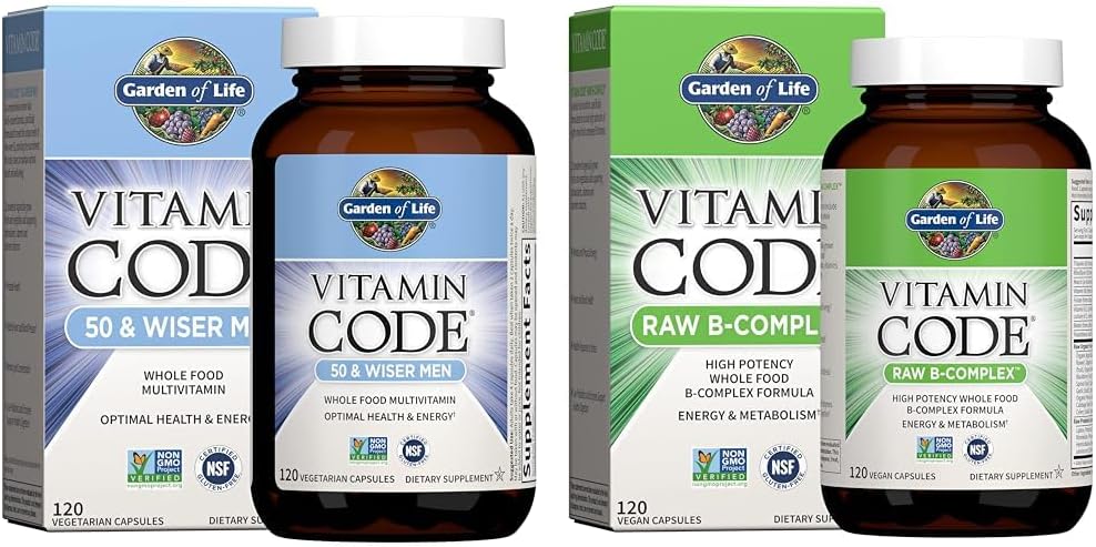 Tuin van het leven Mannen 50+ Multivitamine en B Complex Vitamine Raw Whole Food 120 Capsule supplement bundel