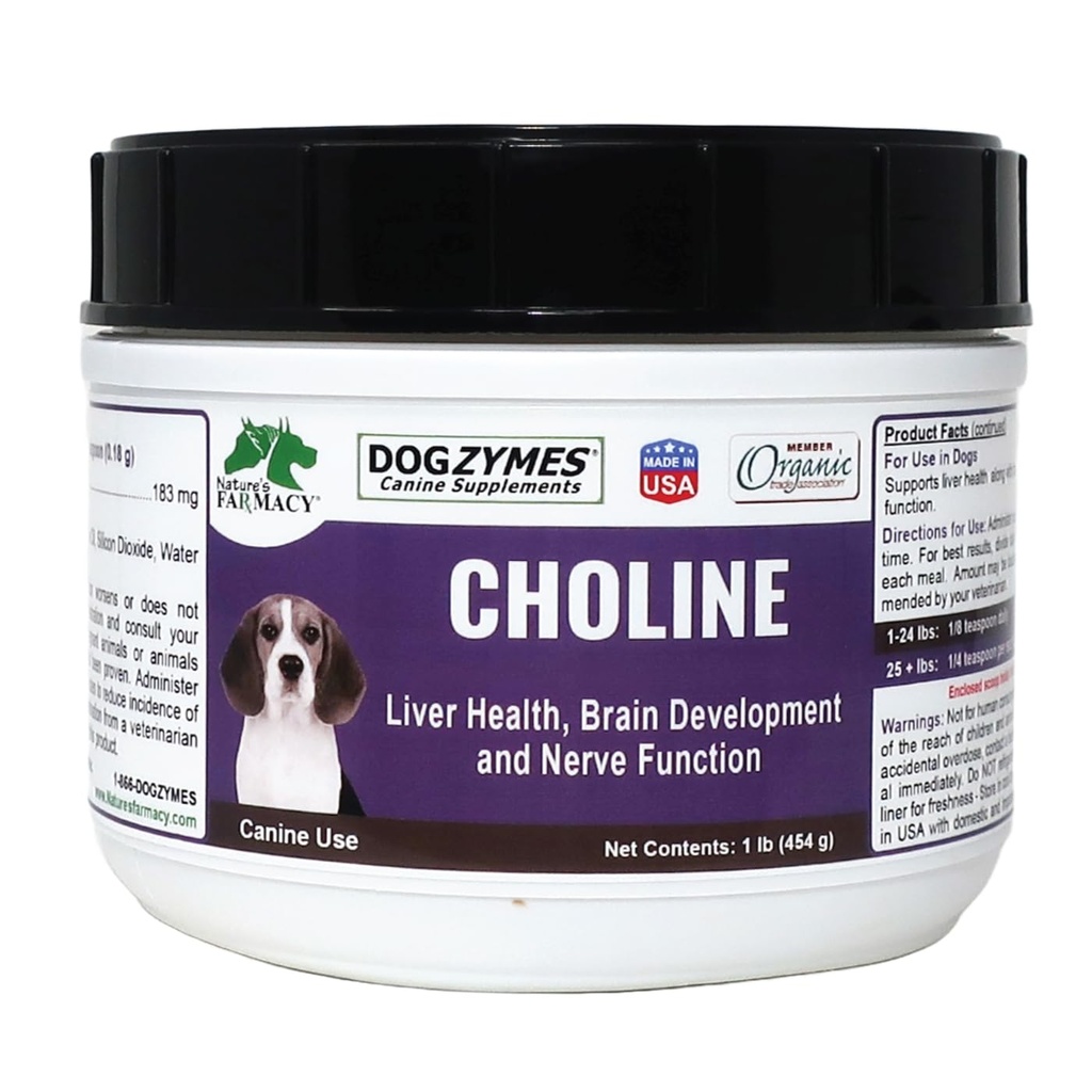Dogzymes Choline helpt bij de hersenfunctie en helpt ook bij aanvallen en Stroke Recovery. Het wordt ook gebruikt om de lever van verzamelde lipiden reinigen (1 pond)