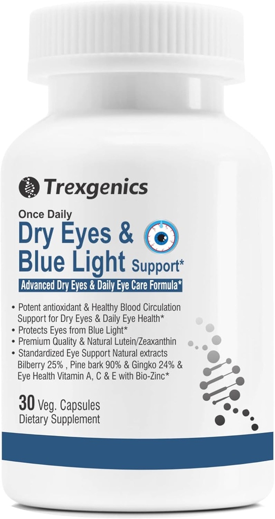 Trexgenics Dry Eyes & Blue Light Support Once Daily Vegetarian Formula with Lutein 10mg, Zeaxanthine 2mg, Bilberry, Ginkgo, Pine Bark, Vitamine C, Zink & Vitamine A (30 Veg Capsules)