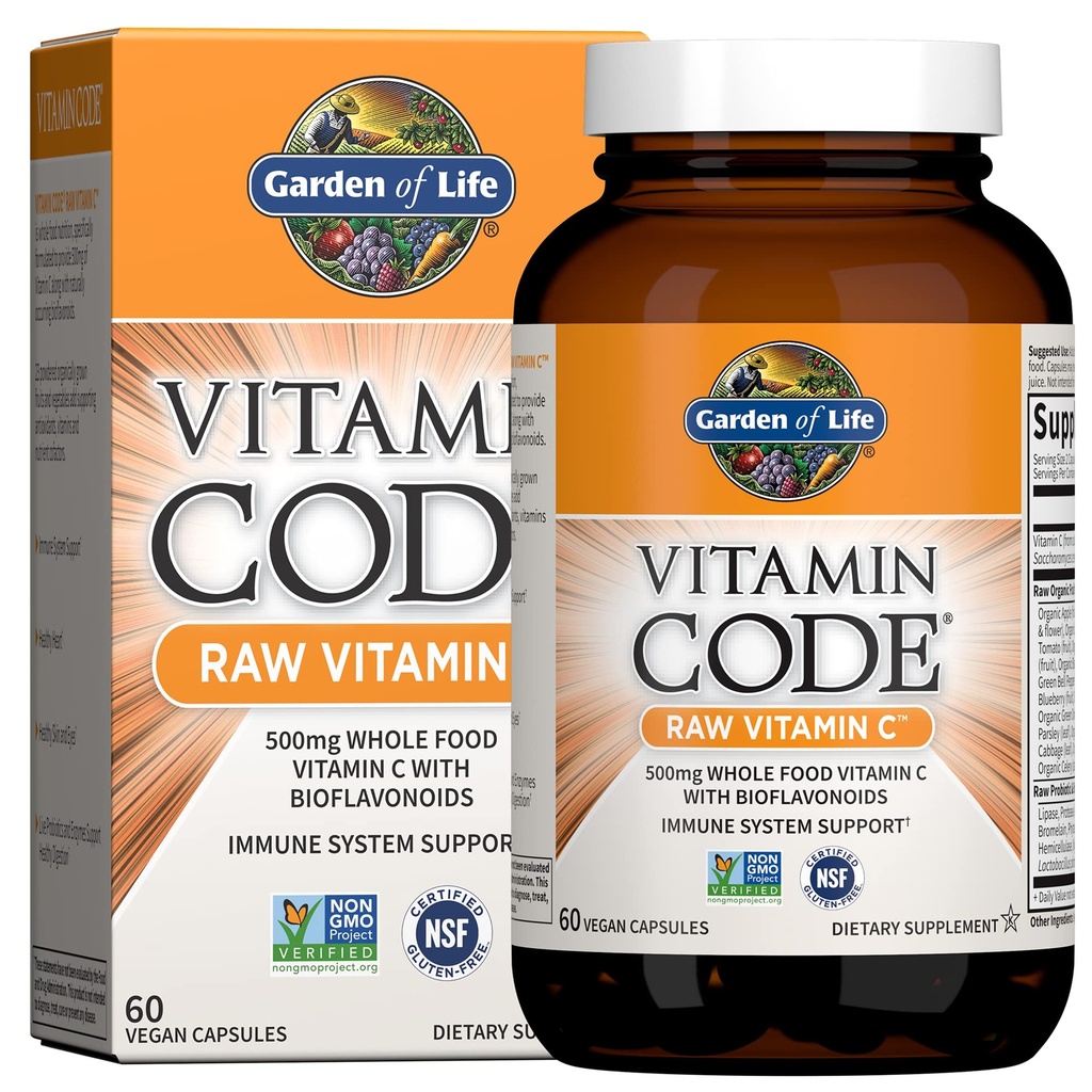 Garden of Life Vitamine Code Raw Vitamin C - 60 Capsules, 500mg Whole Food Vitamin C Capsules + Fruit & Veggie Blend & Probiotica, Supplementen voor Volwassenen, Veganistisch, Glutenvrij