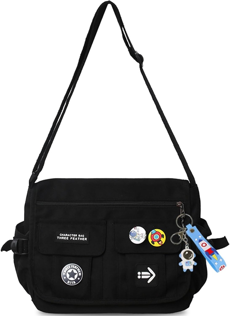 Fashion Crossbody Bag with Cute Accessories Nylon Casual Messenger Bag with Pendant Lightweight Handbag Travel Daypacks (Black)