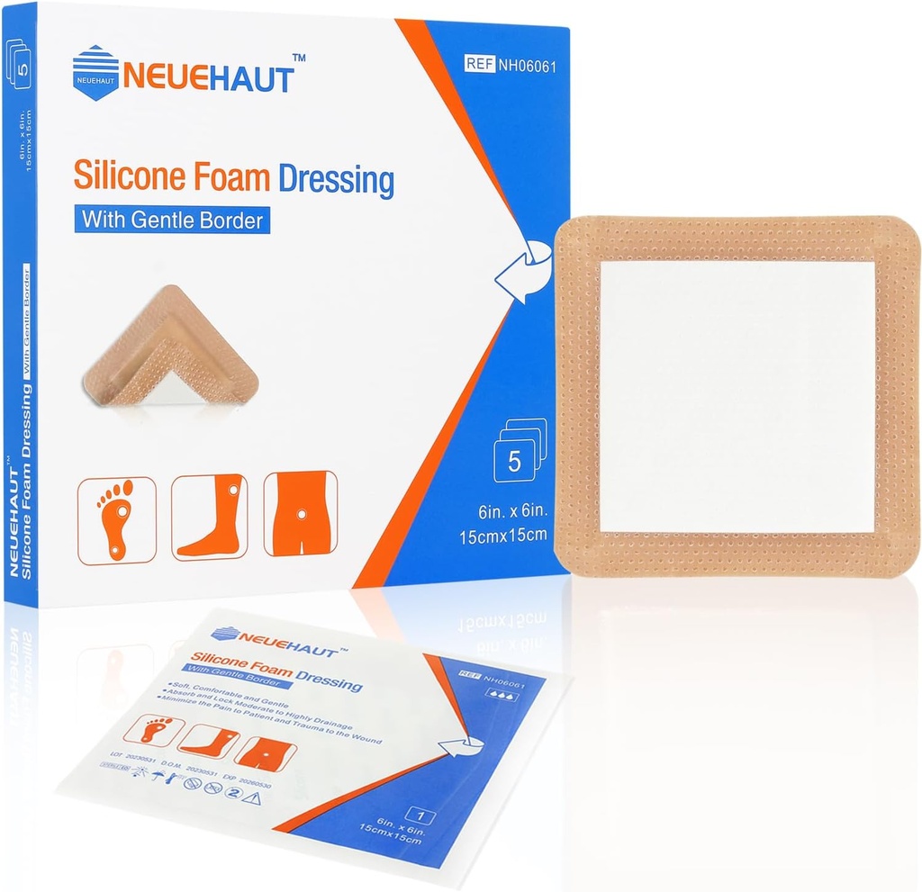 Silicone Foam Dressing met zacht lijmrand 6'x6', Bed Sore Pressure Ulcer Leg Ulcer Silicone Wound Bandage, High Absorbency Waterproof, 5 Pack by NeueHaut
