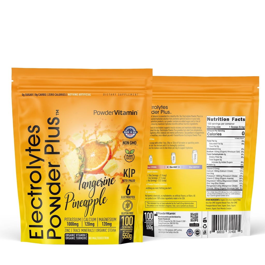 PowderVitamin Electrolytes Powder Plus (100 Servings) Tangerine Pineapple Electrolyte Powder Zero Calorie Keto,0Sugar, No Maltodextrin,1000mg Potassium,120mg Calcium,120mg Magnesium, Hydration Powder