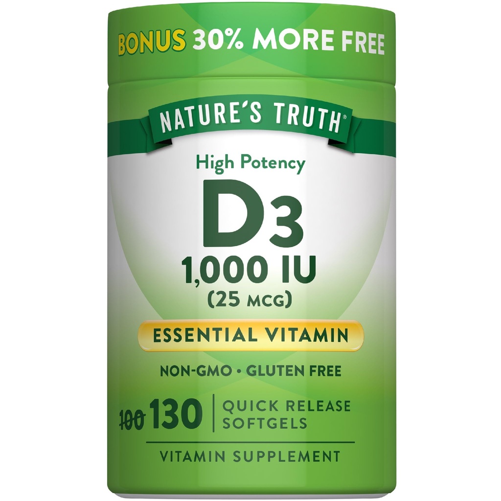 Nature's Truth Vitamin D3 1000 IU Softgels | High Potency Formula | 25 mcg | Non-GMO & Gluten Free Supplement