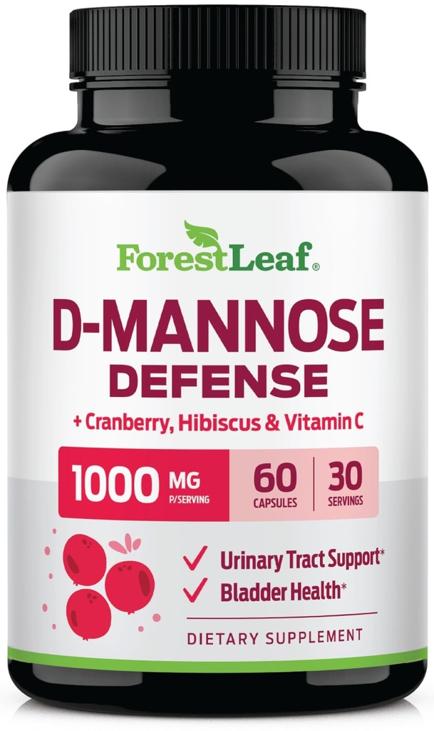 ForestLeaf D Mannose 1000mg Capsules - D-Manneus met Cranberry, Hibiscus & VIT C, Urinaire Tract Gezondheid voor vrouwen en mannen, Organische DManneus Pillen voor UTI, Urinaire Gezondheid & Blaas Ondersteuning 60 Capsules