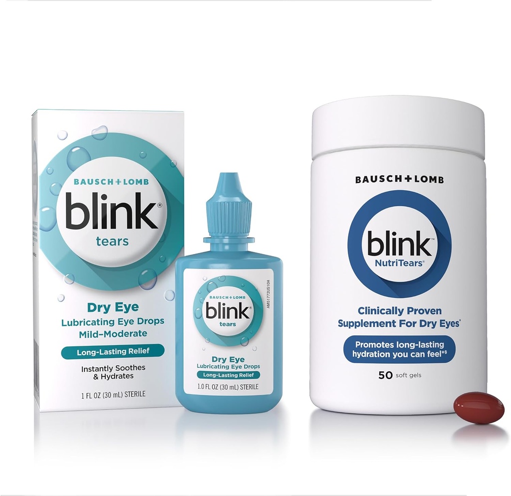 BLINK Tears Smeermiddel Oogdruppels, 1 fl oz (30 ml) Oogverzorging voor milde tot matige droge ogen, Hyaluronaat voor het stimuleren van hydratatie NutriTears klinisch bewezen supplement voor droge ogen, 50 Softgels