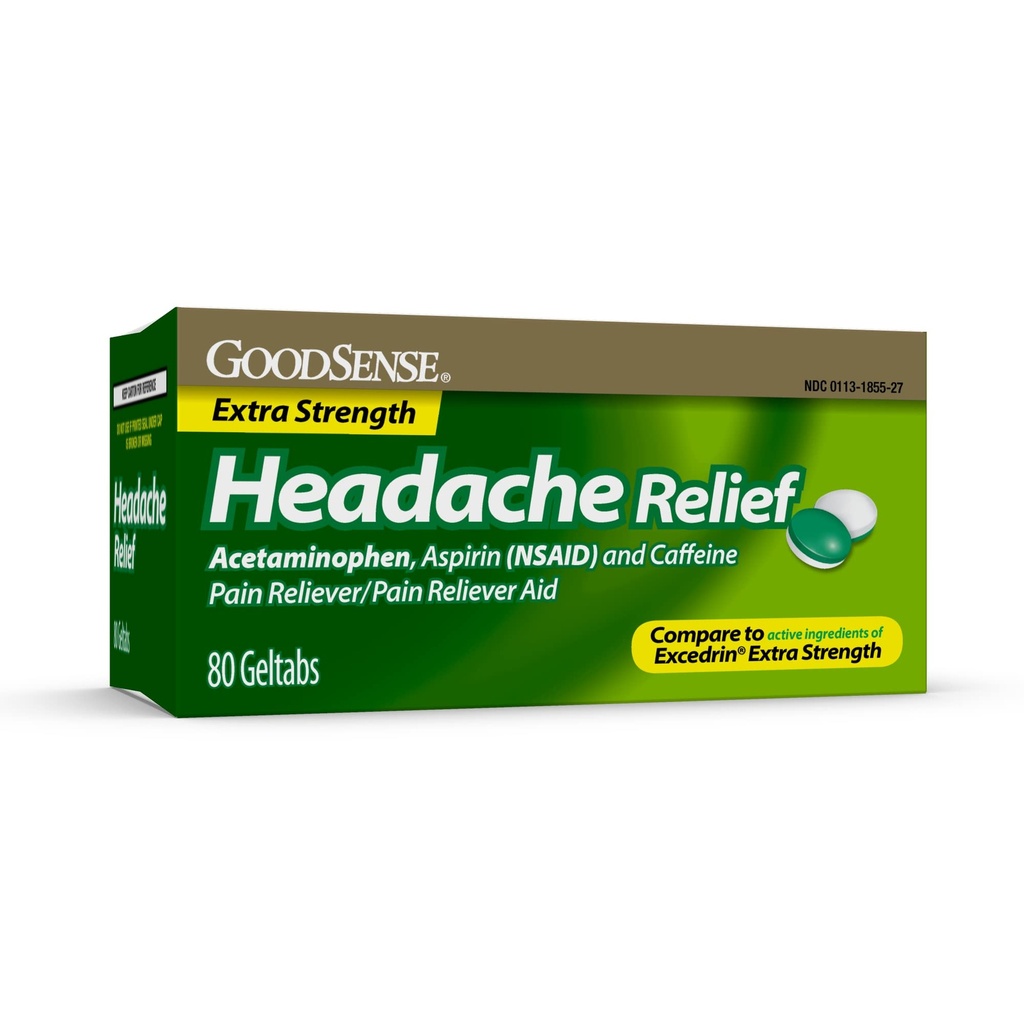 GoodSense Extra sterkte Hoofdpijn Relief Geltabs, Acetaminophen, Aspirine (NSAID) en Cafeïne, 80 Tellen