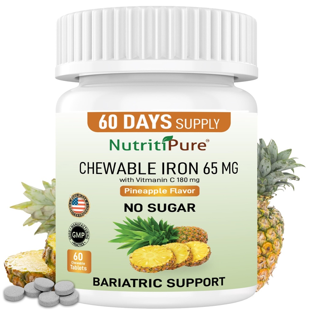 Chewable Iron Carbonyl 65 mg with Vitamin C 180 mg (for Women/Men) - Tablet in Pineapple Flavor 60 Count (1)